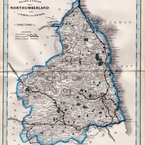 Northumberland Cruchley Scarce Antique Railways & Stations Coloured Map.