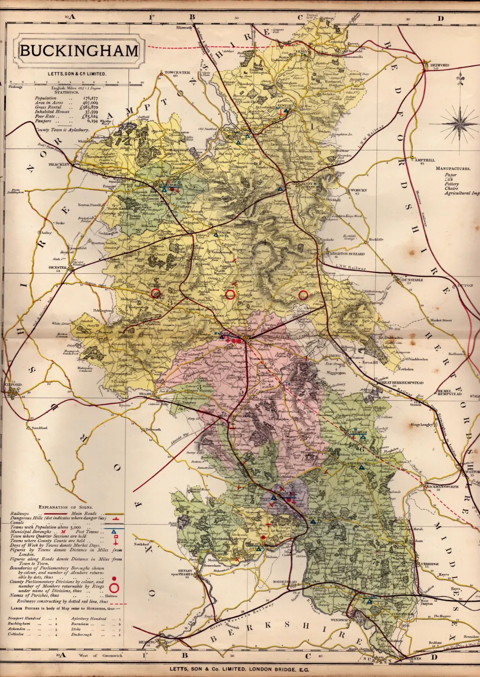 County of Buckinghamshire Large Victorian Letts 1884 Antique Coloured Map.