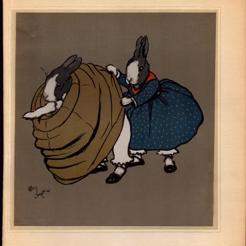 Cecil Aldin Merry Party Rare Antique Book Plate “Bunnies Trying On The Gown”