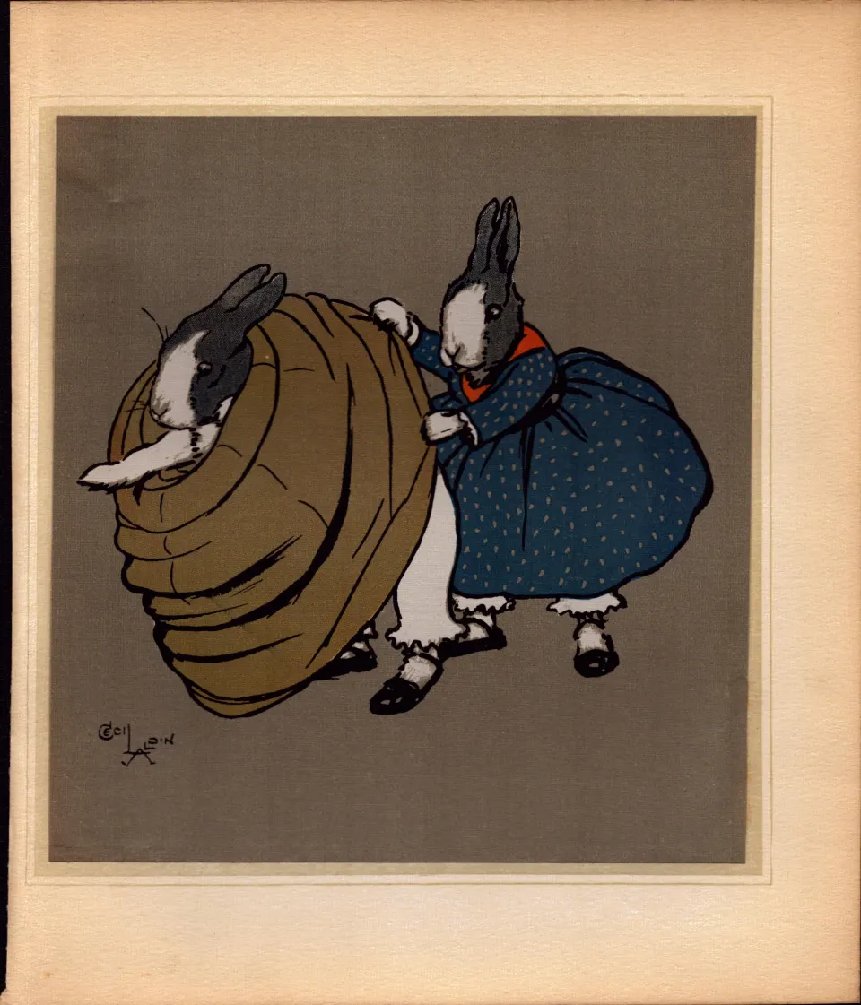 Cecil Aldin Merry Party Rare Antique Book Plate “Bunnies Trying On The Gown”