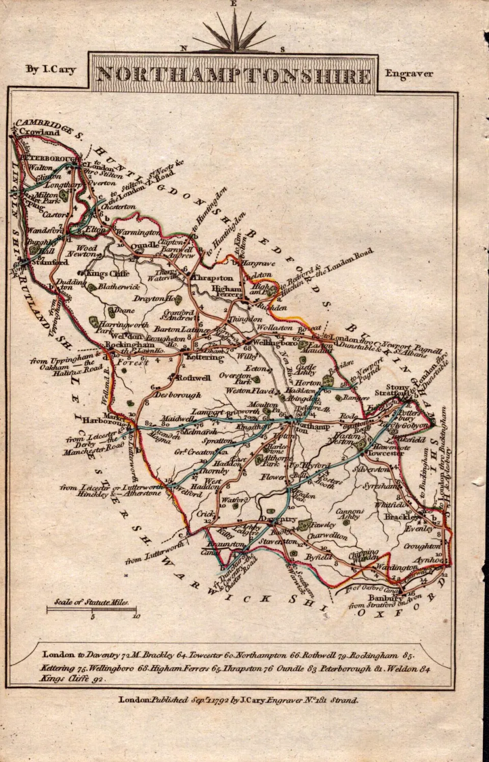 Northamptonshire John Cary’s 1792 Antique Coloured Engraved Map.