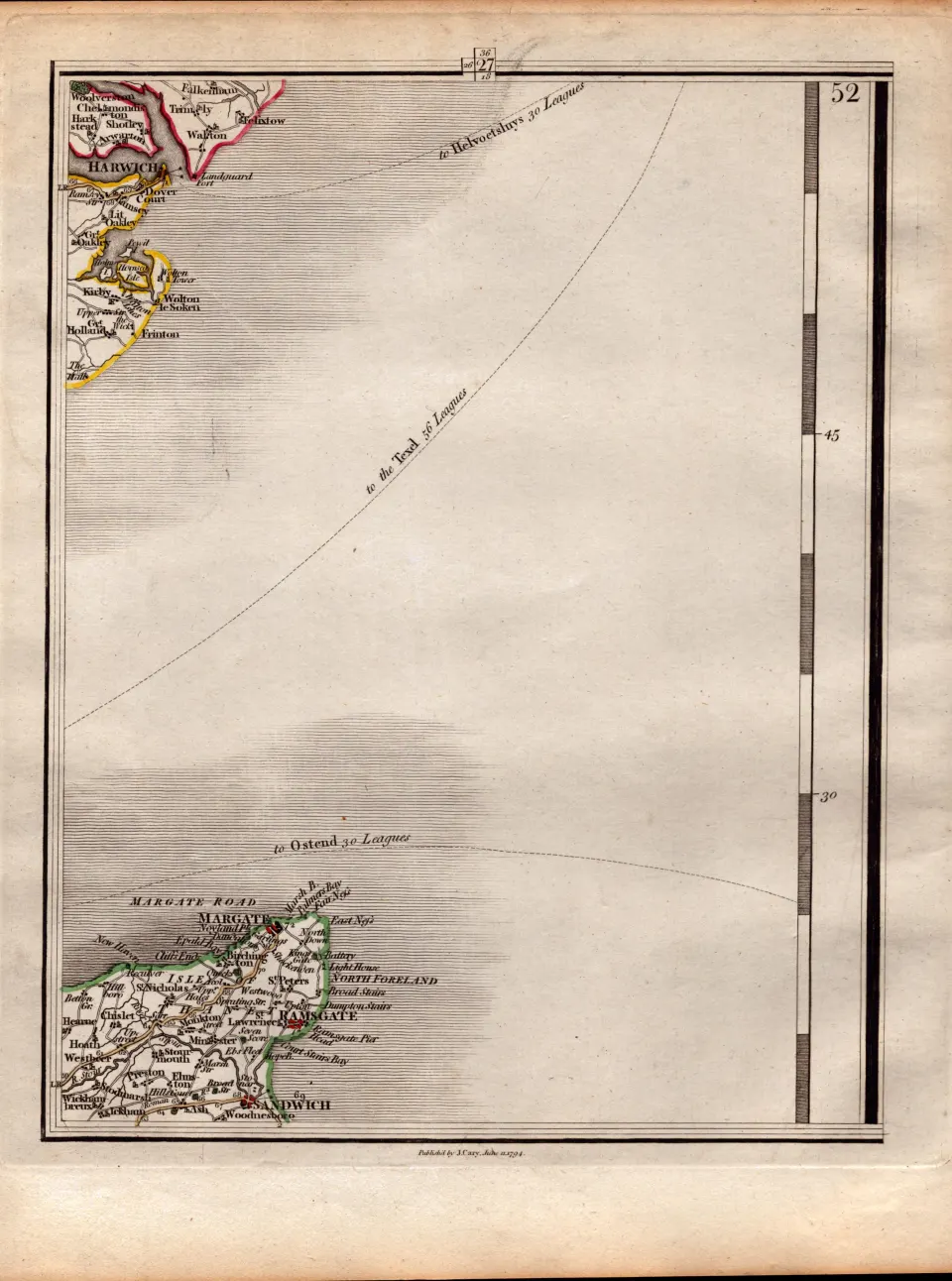 Margate, Ramsgate, Felixstowe John Cary's Antique George III 230 Years-Old  1794 Map.