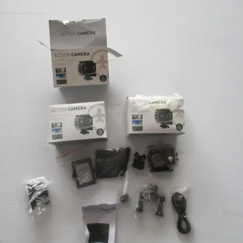3 x HD Go Pro Style cameras with SD cards included - and all accesories as shown - new and unus