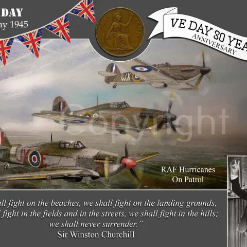 VE Day 80th Anniversary Designed Metal Art Coin Display Hurricanes Group Patrolling