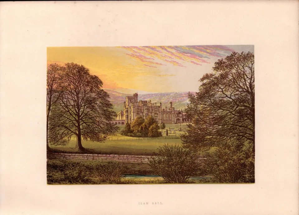 Ilam Hall Ashbourne Staffs  Gilt-Edge Coloured Antique Book Plate.