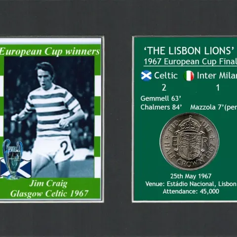 Jim Craig Celtic European Cup Mount & 57 Year-Old 1967 Coin Set.