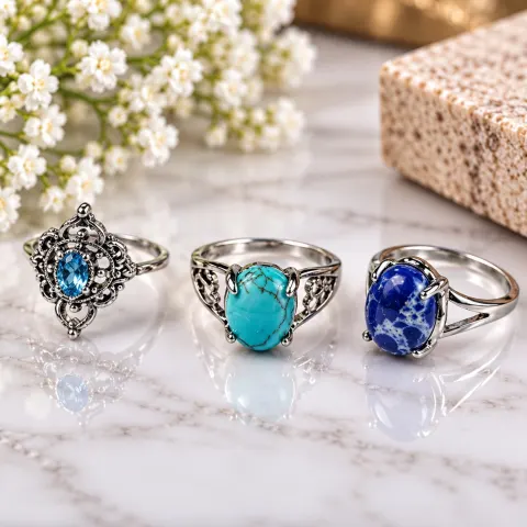 Set of Three Silver-Tone Rings with Blue & Turquoise Stones