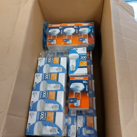 Box of mixed items including light bulbs, crockery etc
