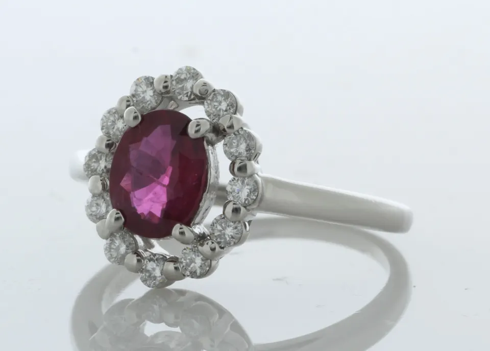 Platinum Cluster Diamond And Oval Ruby Ring (R1.03) 0.35 Carats