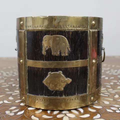 Early 20th Century Indian Brass-Mounted Wooden Bucket with Zodiac Animal Motifs