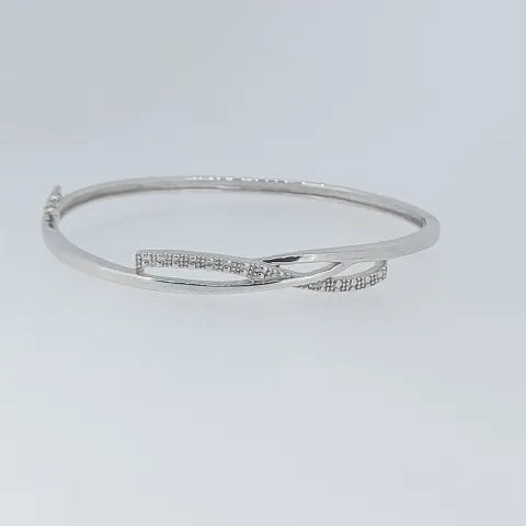 Silver Hinged Bangle Cross Over Design Set With Clear CZ Stones