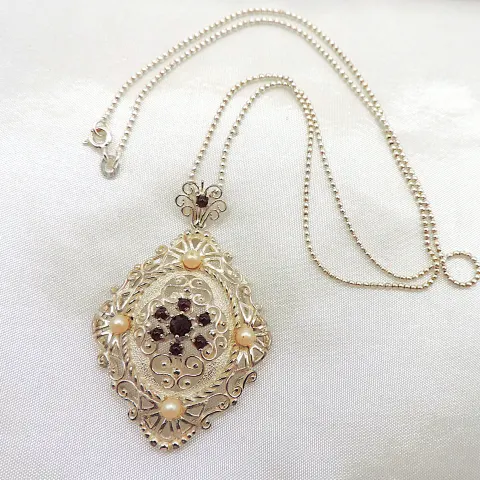 Sterling Silver Filigree Ruby & Pearl Necklace With Gift Box