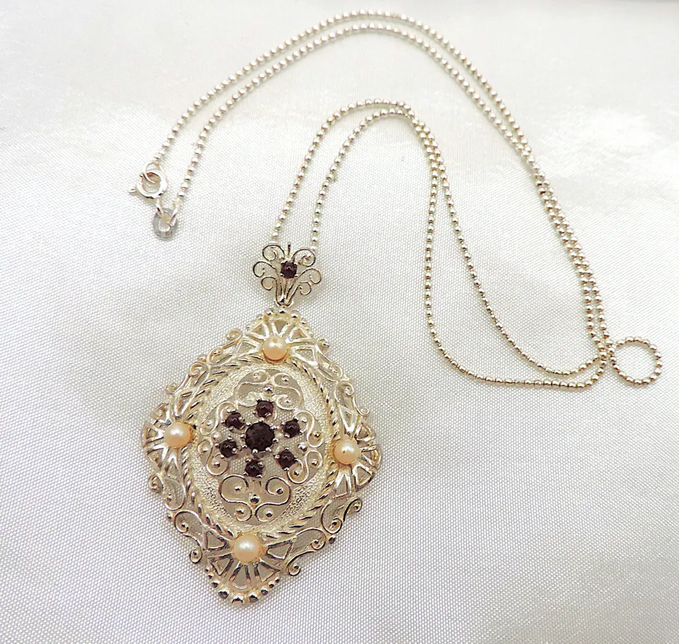 Sterling Silver Filigree Ruby & Pearl Necklace With Gift Box