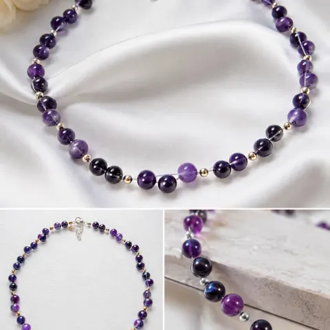 Amethyst Beaded Necklace with Gold Tone Accents