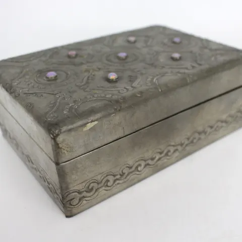 Vintage Pewter Opal Set Cigar Box