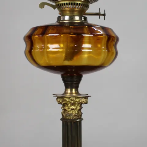 Victorian Brass Oil Lamp with Amber Glass Font