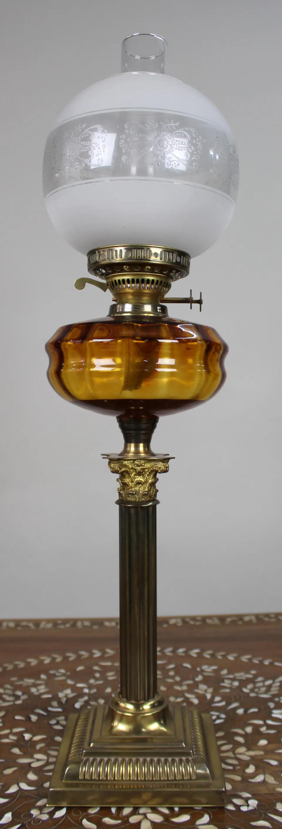 Victorian Brass Oil Lamp with Amber Glass Font