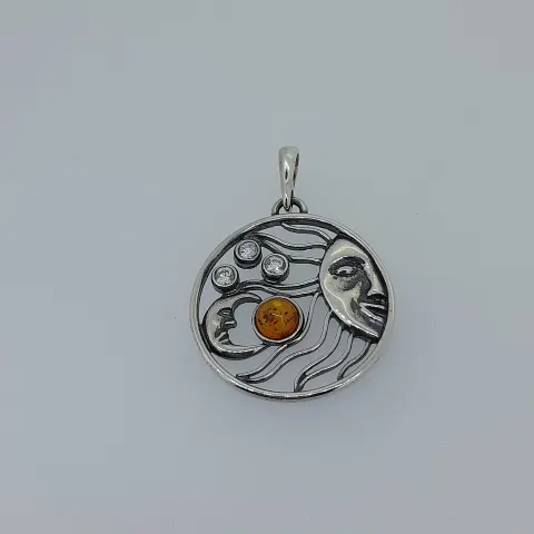 Silver Pendant Set With Natural Amber and CZ Stones