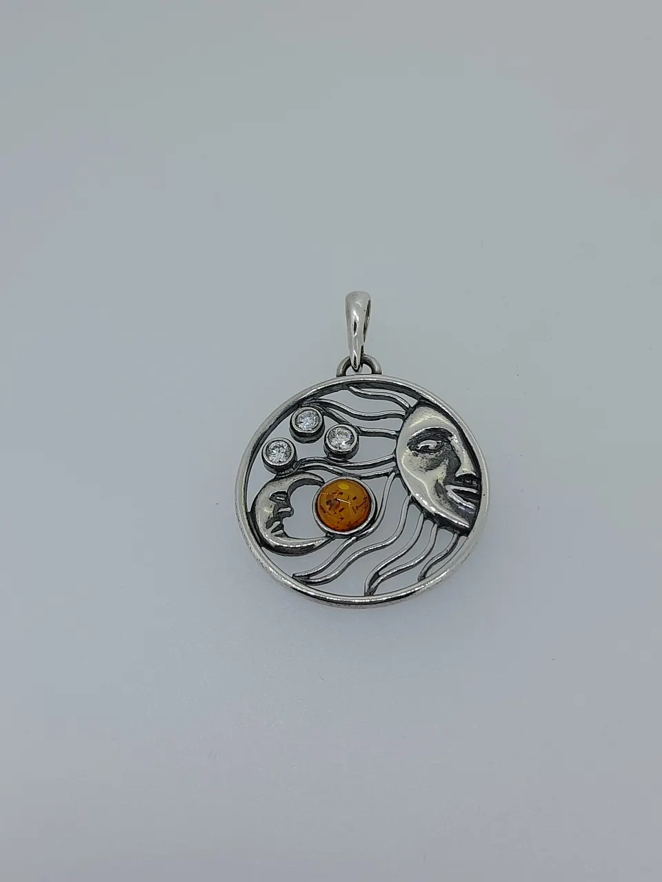 Silver Pendant Set With Natural Amber and CZ Stones