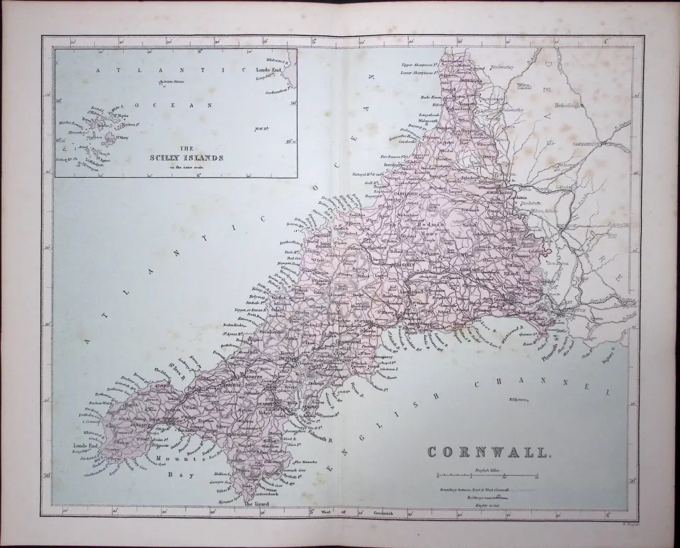 Cornwall & Scilly Islands 150 Years-Old 1875 Coloured Detailed Antique 1875 Map-44