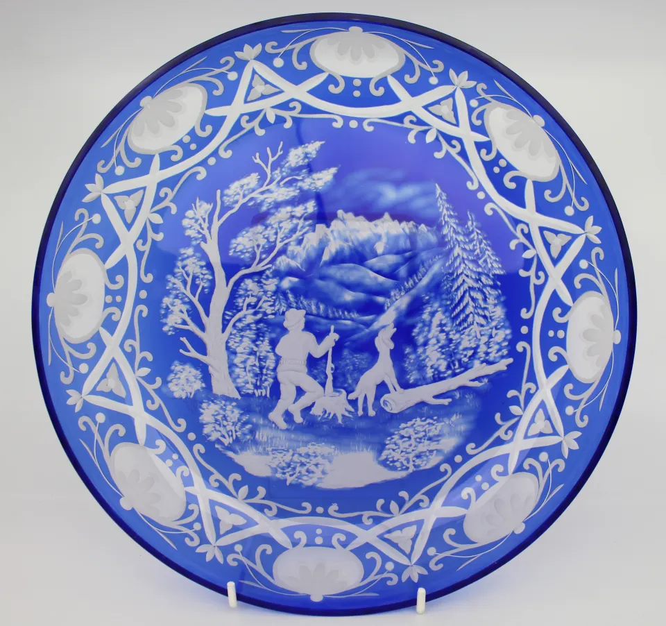 Blue Bohemian Overlay Cut Crystal Charger