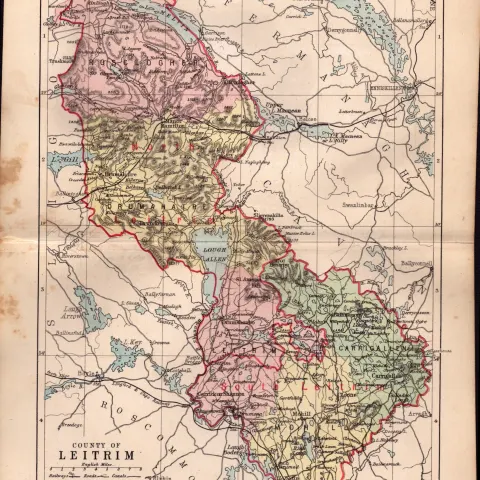 County Of Leitrim Ireland Antique Detailed Coloured Victorian Map.
