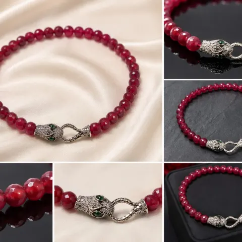 Red Faceted Beaded Necklace with Decorative Snake Clasp