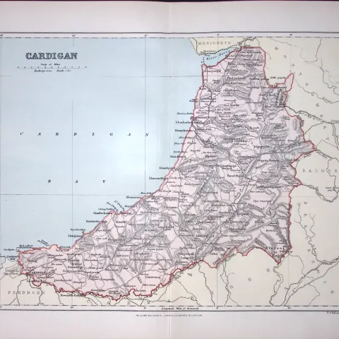 Wales Cardiganshire Detailed 1894 Coloured Antique  130 Years-Old Map.