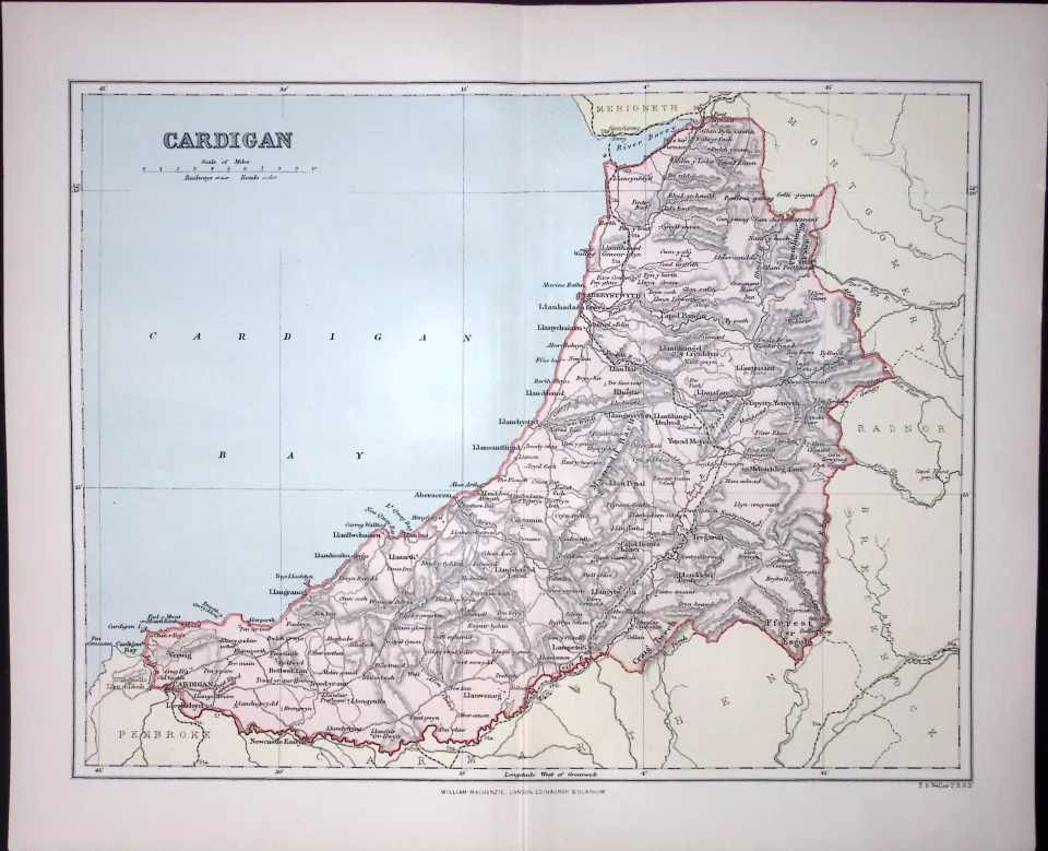 Wales Cardiganshire Detailed 1894 Coloured Antique  130 Years-Old Map.