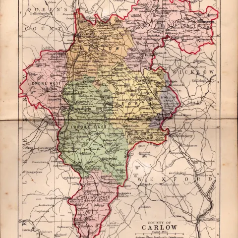 County of Carlow Ireland Antique Detailed Coloured 128 Years-Old Map.