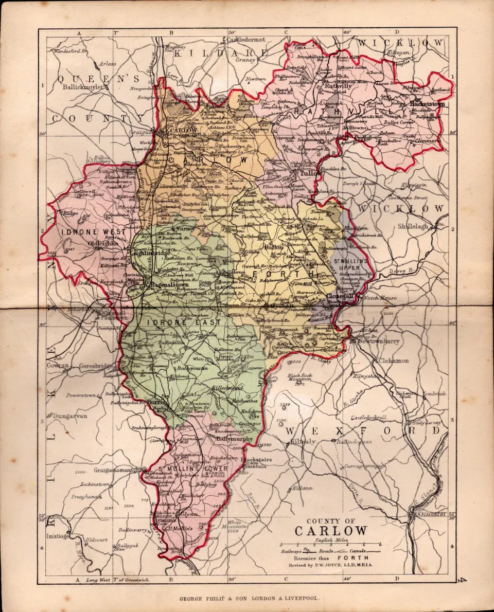County of Carlow Ireland Antique Detailed Coloured 128 Years-Old Map.