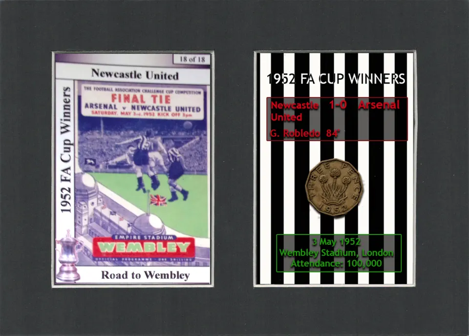 Newcastle United 1952 FA Cup Winners Mount & Penny Coin Metal Art.