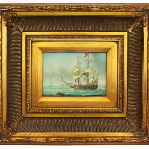 Maritime Painting Oil on Board Set in Heavy Gilt Frame