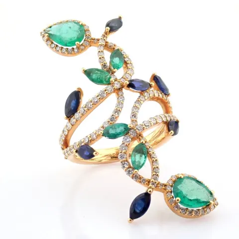 18K rose gold ring  detailed with vibrand emerald, sapphire and brilliant diamonds