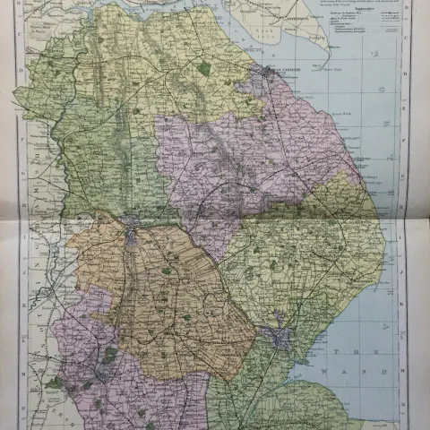 Coloured Antique Large Map Lincolnshire GW Bacon 1904.