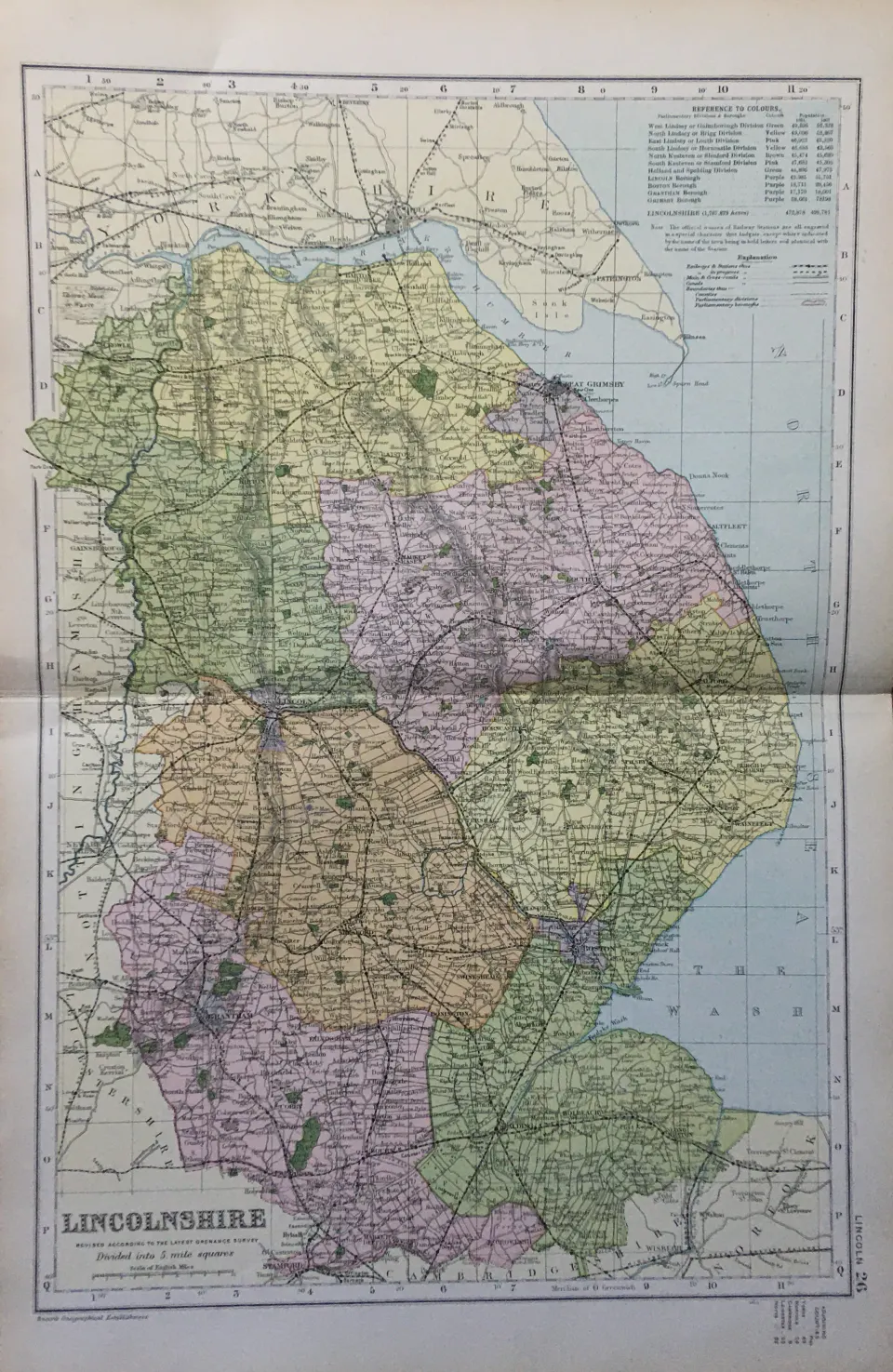 Coloured Antique Large Map Lincolnshire GW Bacon 1904.