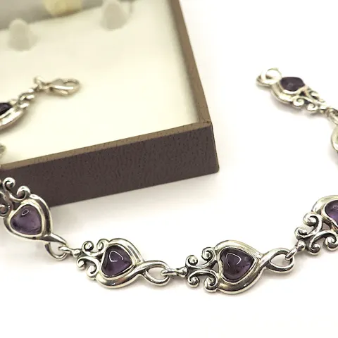 Vintage Artisan Sterling Silver Cabochon Heart Amethyst Bracelet