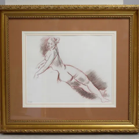 French Ink & Conte Nude Sketch Set in Gilt Frame
