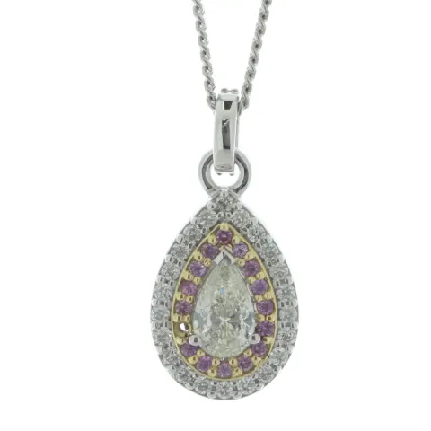 18ct White Gold Pear Cluster Claw Set Diamond And Pink Sapphire Pendant (PS0.38) (0.48) 0.84 Carats