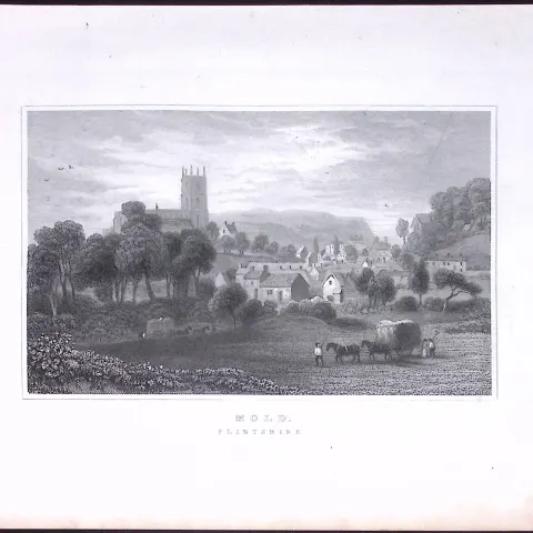 Wales-Mold Flintshire Antique 166-Year-Old  Steel Engraving-14