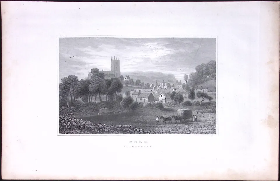 Wales-Mold Flintshire Antique 166-Year-Old  Steel Engraving-14
