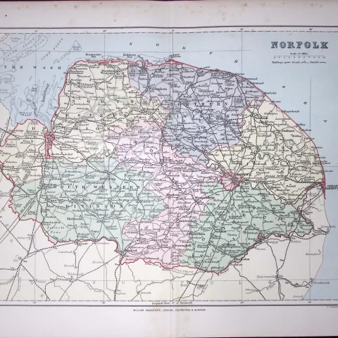 County Norfolk Detailed 1894 Antique Coloured 130 Years-Old Map.