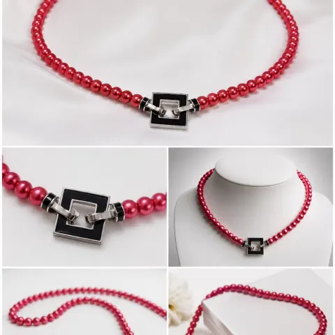 Red Beaded Necklace – 6mm Beads with Geometric Clasp