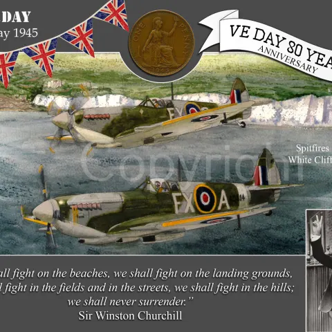VE Day 80th Anniversary Designed Metal Art Coin Display Spitfires White Cliffs