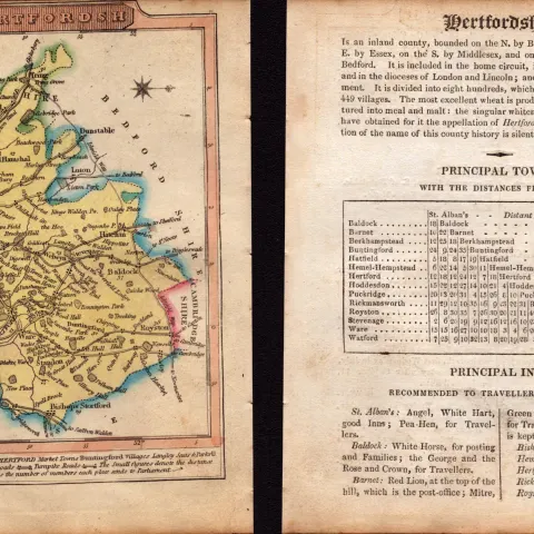 Hertfordshire Engraved Hand Coloured King George IV Map & Text.