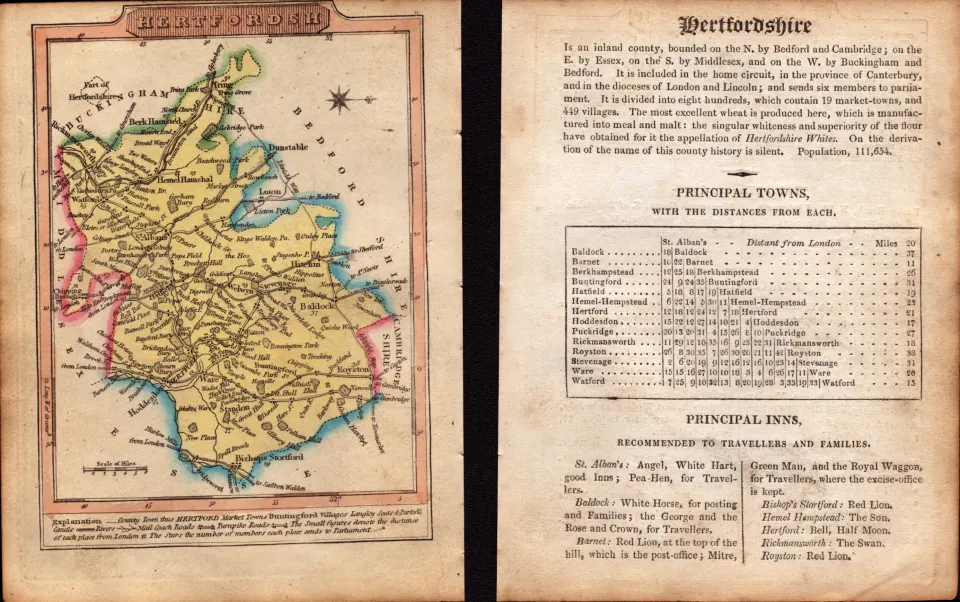 Hertfordshire Engraved Hand Coloured King George IV Map & Text.