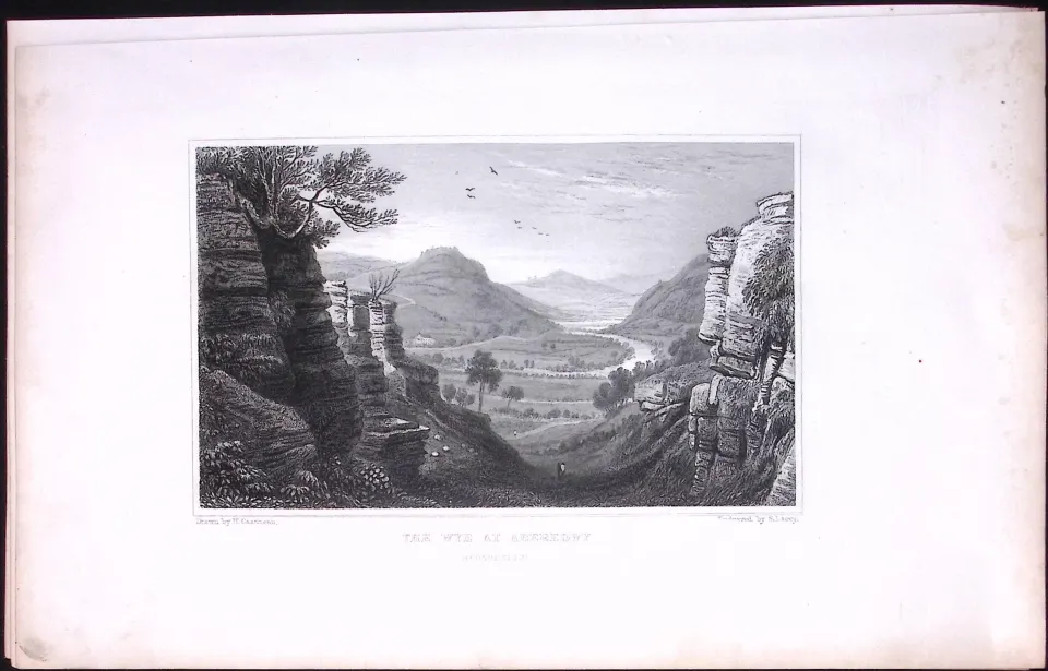 Wales Wye at Aberedwy Powys Antique 166-Year-Old  Steel Engraving-24