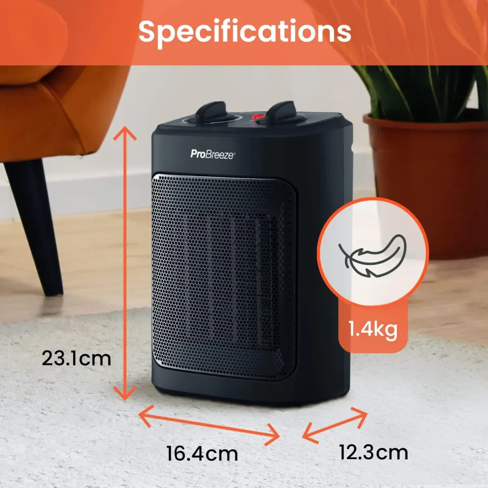 Pro Breeze 2000W Mini Ceramic Fan Heater - 3 Heat Settings RRP £44.99
