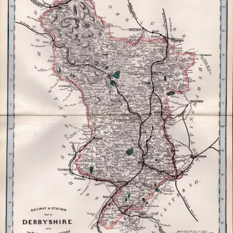Derbyshire Cruchley Scarce Antique Railways & Stations Coloured Map.