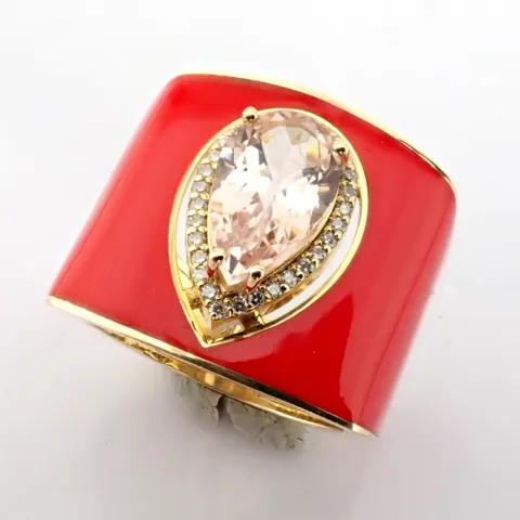 A Luxurious Gold Ring Featuring Orange Laser Enamel, Elegantly Adorned With Vibrant Morganite and Br